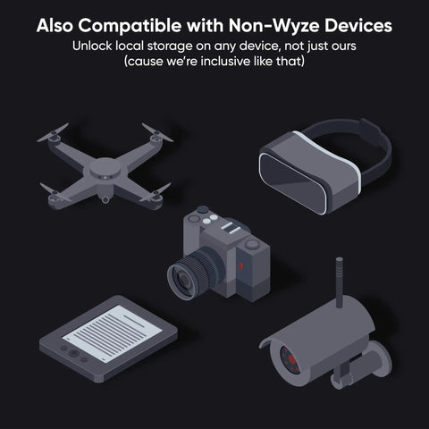 Expandable 32GB MicroSDHC Card Class 10 UHS-I U1 For Cameras And Dash Cams, illustrated compatible devices; drone, camera, VR headset.