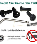 Anti Theft License Plate Screws Black Security Bolts Fasteners Kit For Front And Rear License Plate Frames Car Truck Motorcycle Mounting Hardware Quarter Inch M6 Stainless Steel Screws Caps And Nuts displayed with anti-theft wrenches.
