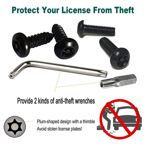 Anti Theft License Plate Screws Black Security Bolts Fasteners Kit For Front And Rear License Plate Frames Car Truck Motorcycle Mounting Hardware Quarter Inch M6 Stainless Steel Screws Caps And Nuts displayed with anti-theft wrenches.