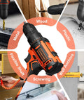 Cordless Drill Set For DIY Projects Go To 20V Power Drill With 2Ah Battery And Charger Three Eighths Inch Keyless Chuck 25 Plus 1 Clutch 42 Piece Drill Driver Bits And Screws Kit Orange, shown with various uses on different materials.