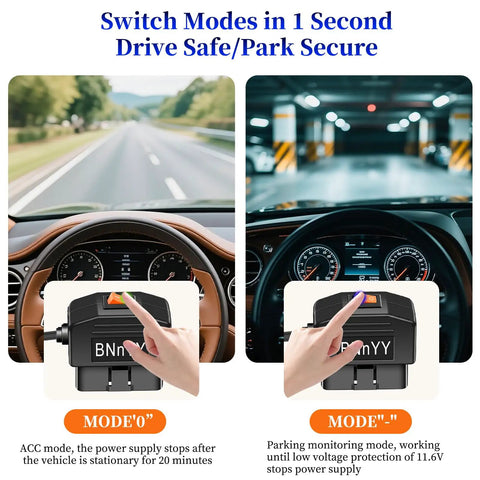 Switch Modes in 1 Second with OBD2 to USB C Dash Cam Power Adapter With Hardwire Kit and Parking Mode, showing ACC and Parking Modes.