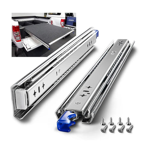 Heavy Duty Three Fold Drawer Slides Built Like A Tank With 265 Pounds Capacity Smooth As Silk Full Extension Industrial Grade 53Mm Blue Galvanized Steel Rails close-up with screws.