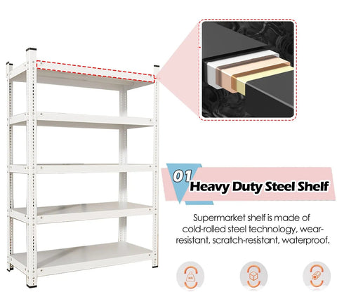 Hella Sturdy Five Tier Floor Standing Storage Rack Heavy Duty Multi Purpose Organizer Shelf Slick Rust Resistant Steel Built Tough For Kitchen Retail Or Spa Hustle with cold-rolled steel technology.