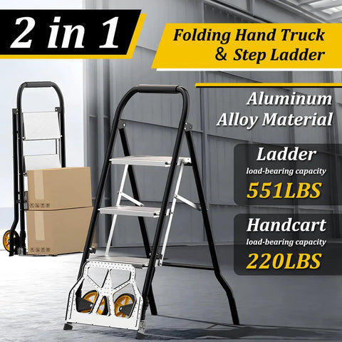 2 In 1 Folding Hand Truck And 3 Step Ladder Portable Dolly Cart For Easy Hauling And Reaching High Places Built With Durable Steel Frame Foldable Design Locking Steps And Smooth Rolling Casters For Home Or Jobsite Use, aluminum alloy frame, 3-step ladder and hand truck