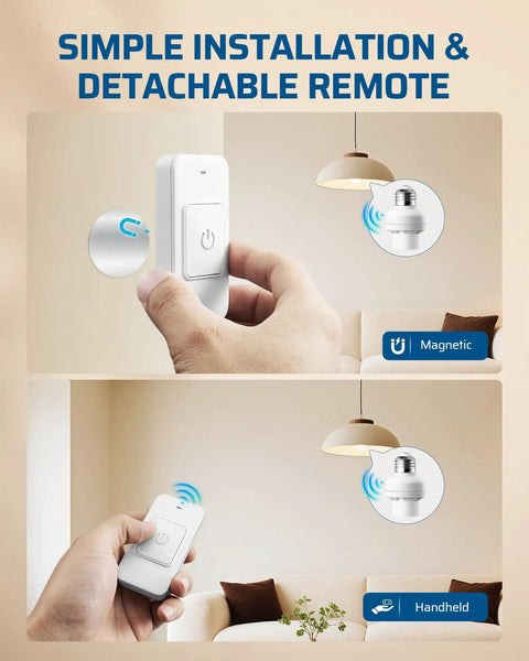 Remote Control Light Socket With 100 Ft Range, Wireless No Wiring Lighting Control For Pull Chain Fixtures, E26 And E27 Bulb Base, Magnetic Switch, ETL Listed, Easy Install, No Fuss Convenience in a hand showing detachable remote feature.