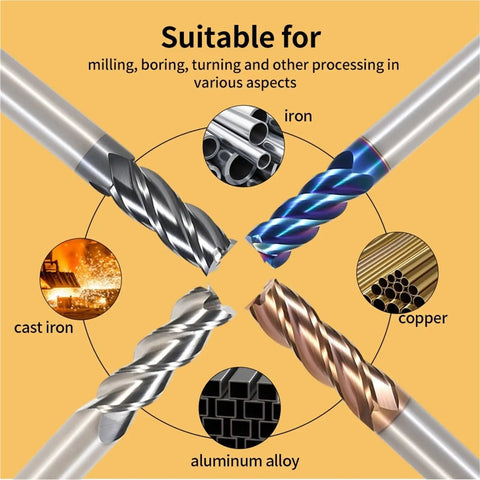 Heavy Duty Tungsten Steel Carbide End Mill Cutter With Alloy Coating For Precision Machining And Milling Operations, suitable for aluminum alloy, iron, cast iron, copper.