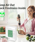 Woman using sealer in kitchen with Heavy Duty Vacuum Sealer Bags Go To Food Storage, Pre Cut 4x6 Inch Sealable Bags, 100 Count package.