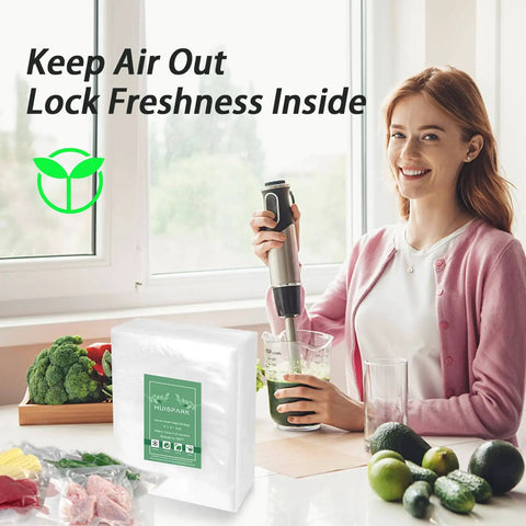 Woman using sealer in kitchen with Heavy Duty Vacuum Sealer Bags Go To Food Storage, Pre Cut 4x6 Inch Sealable Bags, 100 Count package.