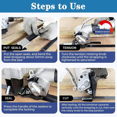 Steps to use the Heavy Duty Pneumatic Steel Strapping Machine With Tensioner And Cutter Sealer for effective packing.