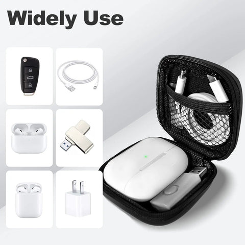 Open Carry Anywhere EVA Earbud Case With Carabiner holding earphones, USB drive, cables, shown with various small accessories, black.