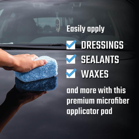 Pro Grade Microfiber Applicator Pads 2 Pack With Ultra Soft Foam Core For Easy Wax Sealant Dressing And Interior Exterior Car Care Detailing For Maximum Control And Even Coverage Across All Surfaces With Minimal Residue in hand applying wax to car hood