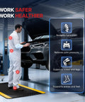 Mechanic standing on anti fatigue mat in workshop, demonstrating anti-fatigue benefits and yellow border, car hood open