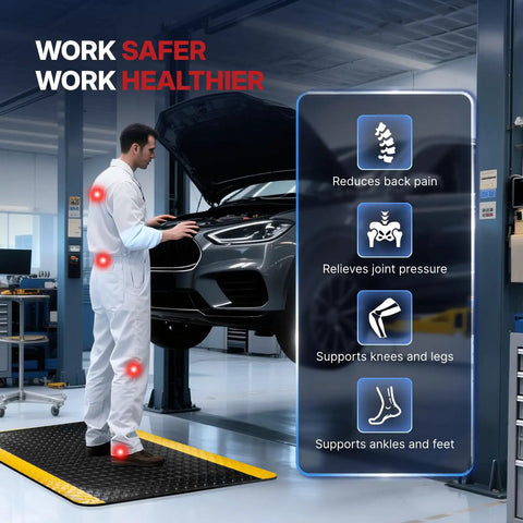 Mechanic standing on anti fatigue mat in workshop, demonstrating anti-fatigue benefits and yellow border, car hood open