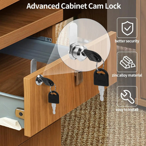 5/8 Inch Alloy Cam Locks With Keys Keyed Alike For Mailbox, Toolbox, Pickup Truck And RV Compartments Two Pack Kit shown on cabinet drawer