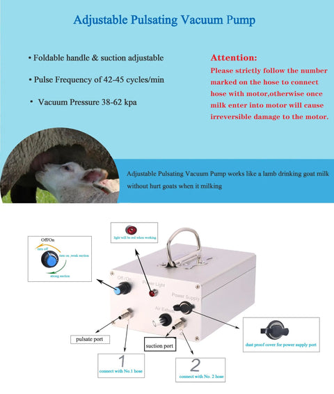 Portable Electric Goat Milking Machine Auto Milker With 3L Stainless Steel Bucket, Fast Daily Milking For Goats And Sheep, Gentle Yet Efficient, A Real Time Saver For Small Farms And Home Use. Adjustable pulsating vacuum pump with controls and hose ports.