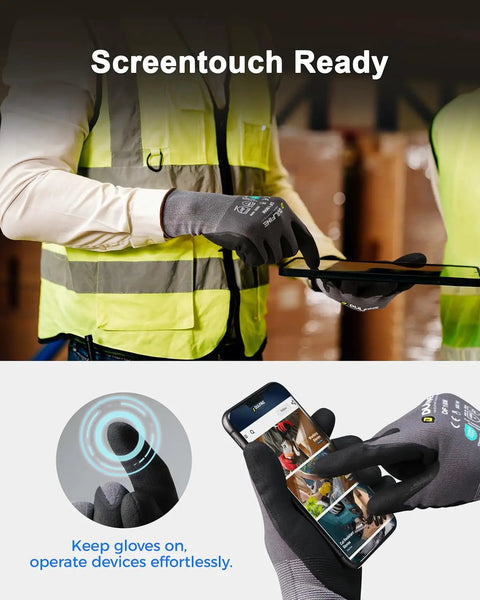 Safety Work Gloves MicroFoam Nitrile Coated Seamless Knit Nylon in use with touchscreen, highlighting grip and dexterity benefits.