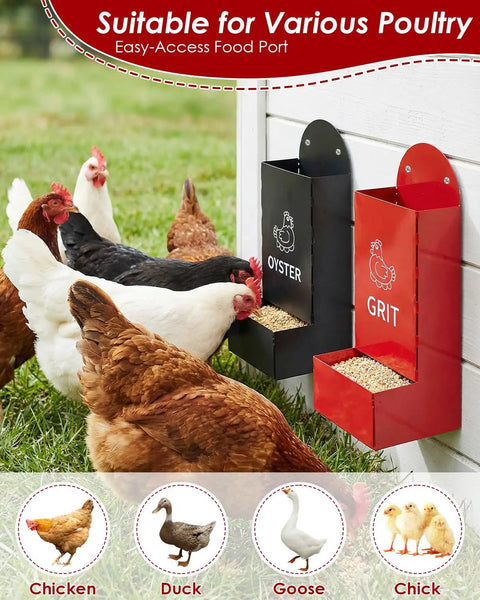 Automatic Gravity Fed Chicken Oyster Shell Feeder 2 Pack Large Capacity Grit Dispenser with black and red bins and chickens.