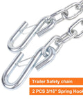 Close-up of 3/16 X 48 Inch Grade 30 Steel Trailer Safety Chain with clevis grab hooks, 3500 lb WLL, showing hook detail, universal fit, 2 pack.