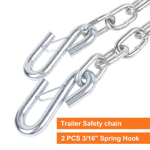 Close-up of 3/16 X 48 Inch Grade 30 Steel Trailer Safety Chain with clevis grab hooks, 3500 lb WLL, showing hook detail, universal fit, 2 pack.