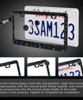 Black Bling License Plate Frame Set For Women With Over 1200 Faceted Crystal Rhinestones Stainless Steel Edge Guard To Prevent Scratches Two Pack Includes Free Glitter Diamond Box Gift And Easy Install, frame installation process.