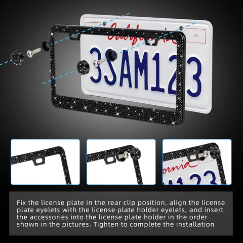 Black Bling License Plate Frame Set For Women With Over 1200 Faceted Crystal Rhinestones Stainless Steel Edge Guard To Prevent Scratches Two Pack Includes Free Glitter Diamond Box Gift And Easy Install, frame installation process.