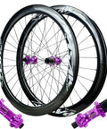 Carbon Fiber 700C Road Wheel Set With Mid Lock Disc Brakes, 28 Hole, 1850g per pair, shown with purple hubs and bearings