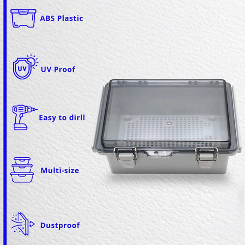 Clear Outdoor Waterproof Electrical Box IP67 ABS Plastic Small Project Enclosure With Hinged Transparent Cover 5.9x3.9x2.8 Inches 150x100x70 mm Beefy Weatherproof Box For Electronics front view