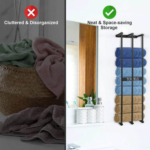Comparison of cluttered basket with towels and organized wall-mounted towel rack in bathroom.