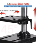 Adjustable table of Ideally House 8 Inch Benchtop Drill Press for precise positioning at 0 to 45 degrees.