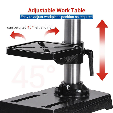Adjustable table of Ideally House 8 Inch Benchtop Drill Press for precise positioning at 0 to 45 degrees.