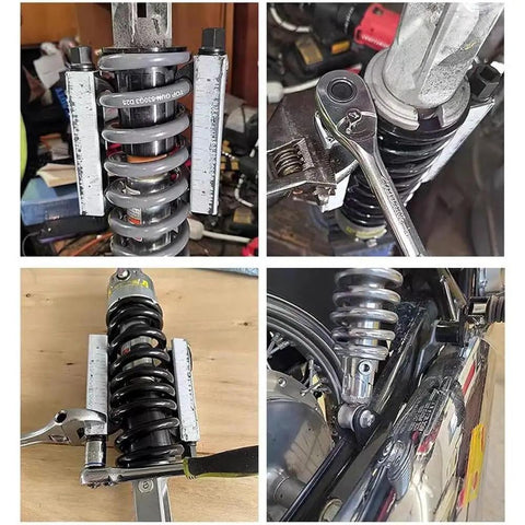 Beefy Rear Shock Spring Compressor Tool for Motorcycles Dirt Bikes and ATVs in use on shock absorbers.