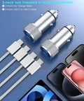 Two Pack Dual Port USB C Fast Car Charger with Nylon Braided USB C to USB C Cables, shown with compatible devices