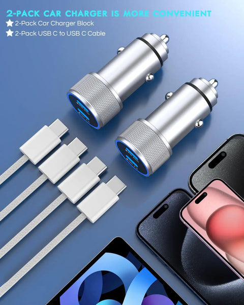 Two Pack Dual Port USB C Fast Car Charger with Nylon Braided USB C to USB C Cables, shown with compatible devices