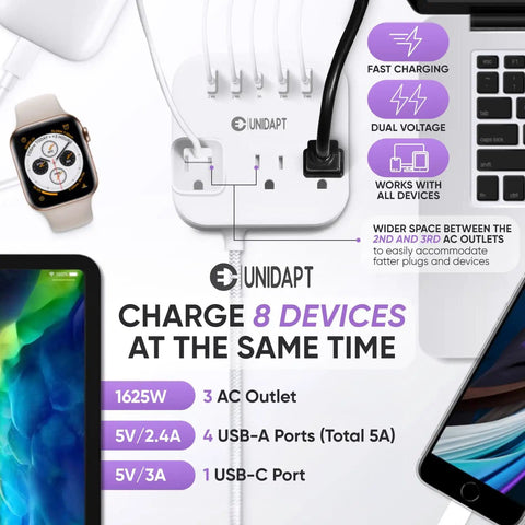 All In One International Power Strip With USB C And Four USB Ports EU UK US Plug Adapter Three AC Outlets Wall Mountable Five Foot Extension Cord Plug And Play Travel Ready For Hotels Cruises Home Office