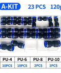 Heavy Duty Straight Push Pneumatic Fitting Connector Kit For Air Hose Tube Trachea Pipe Including 23 Pc Assortment Sizes 4mm To 12mm Super Easy Install And Leak Proof Polyurethane PU Plastic Couplers, PU-4 to PU-10 set in case