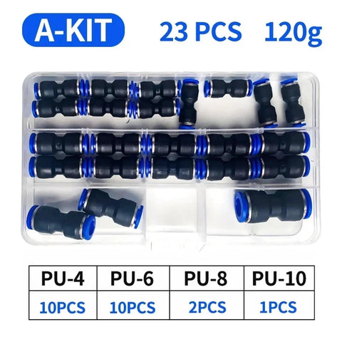 Heavy Duty Straight Push Pneumatic Fitting Connector Kit For Air Hose Tube Trachea Pipe Including 23 Pc Assortment Sizes 4mm To 12mm Super Easy Install And Leak Proof Polyurethane PU Plastic Couplers, PU-4 to PU-10 set in case
