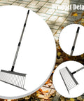 Rugged Heavy Duty Lawn Rake With Splicing Handle And 21 Tine Design For Effortless Debris Cleanup Leaves Thatch And Grass Clippings Ergonomic Rake 40 Cm Wide And 125 Cm Extendable Three Section with stainless steel handle on patio with leaves.