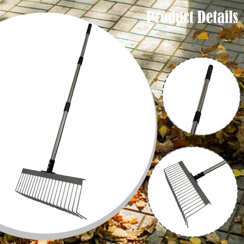 Rugged Heavy Duty Lawn Rake With Splicing Handle And 21 Tine Design For Effortless Debris Cleanup Leaves Thatch And Grass Clippings Ergonomic Rake 40 Cm Wide And 125 Cm Extendable Three Section with stainless steel handle on patio with leaves.