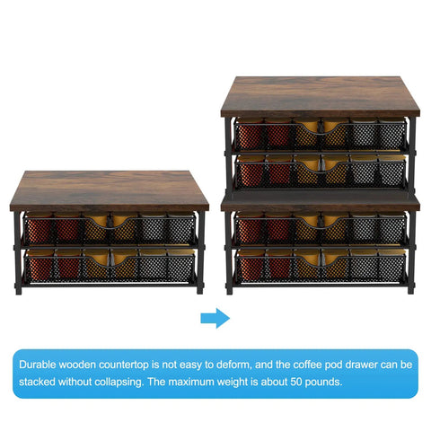 2 Tier Coffee Pod Organizer With Sliding Baskets Holds 72 K Cup Pods Built Tough Wood Top With Metal Frame Space Saving