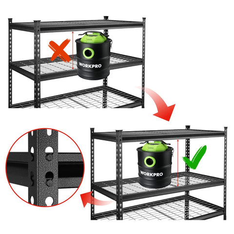 Beefy 5-Tier Adjustable Metal Shelving Unit 48 By 24 By 72 Inches, 4000 Lbs Capacity, Heavy Duty Storage Rack For Garage Or Workshop, Rust Resistant Frame, Easy Assembly And Adjustable Shelf Heights. Adjustable shelf height detail on metal storage rack with load marker.