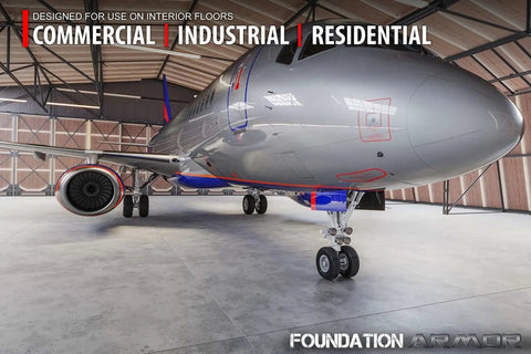 Straight Up Tough Matte Concrete Floor Coating For Garages Stops Oil Gas Grease And Tires Blocks Surface Dust Delivers Self Priming Heavy Duty Protection Three Gallon Complete Kit showcased on a large aircraft inside a hangar.