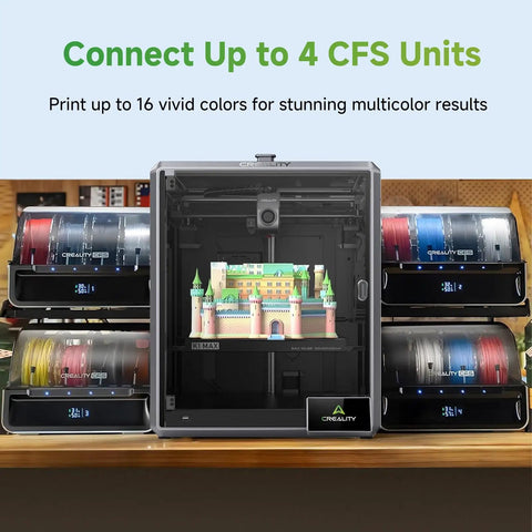 Dope Cfs Upgrade Kit For 3D Printers Sweet Multicolor Printing Setup With 16 Color Filament Extruder And Built In Cutter Killer Accessory For K1 Se K1 K1C K1 Max Easy Peasy Assembly For Weekend Warriors showcasing connected units producing multicolor prints.