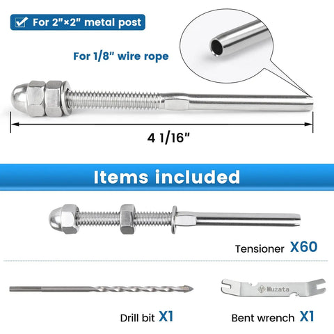 60 Pack One Eighth Inch Cable Railing Hardware Kit tensioner, drill bit, wrench for 2x2 metal posts, stainless steel