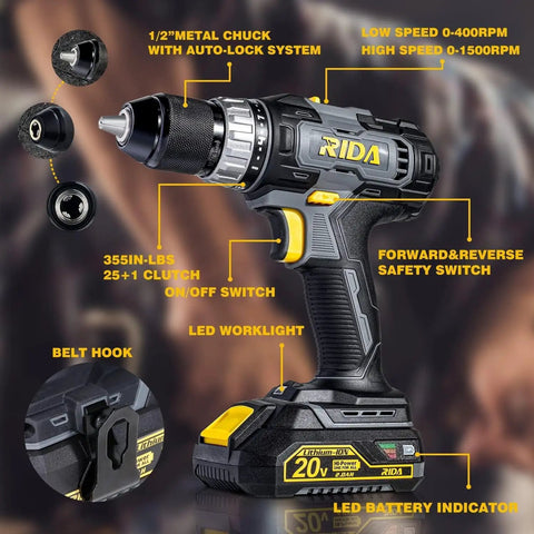 Cordless Drill Kit With 20V Power Half Inch Metal Chuck 355 InLb Torque 2Ah Battery And Fast Charger Variable Speed