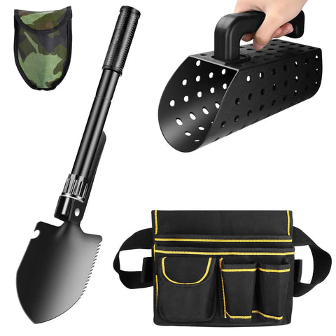 Stainless Steel Metal Detecting Shovel Kit With Foldable Beach Sand Scoop And Finds Bag, Durable Gear for Treasure Hunting