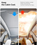 Spigen CryoShade roof sunshade for Tesla Model Y Juniper, double-layered; left shows shade deployed, right sunlit cabin