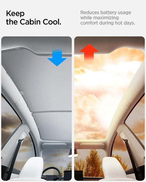 Spigen CryoShade roof sunshade for Tesla Model Y Juniper, double-layered; left shows shade deployed, right sunlit cabin