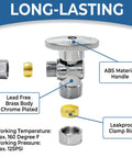 Angle stop valve with 1/2 inch compression inlet to 3/8 inch outlet; chrome-plated brass body, ABS handle