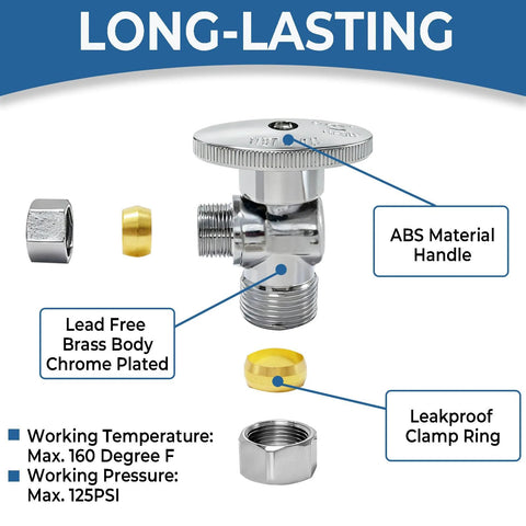 Angle stop valve with 1/2 inch compression inlet to 3/8 inch outlet; chrome-plated brass body, ABS handle