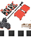 Heavy Duty Furniture Movers With 4 Wheels And Lift Arm Tool Set For Easy Move Heavy Sofa Couch Or Appliance Across Hard Floors Like Tile Or Wood Without Scratching Surfaces including rolling pads, gloves, and spacers.